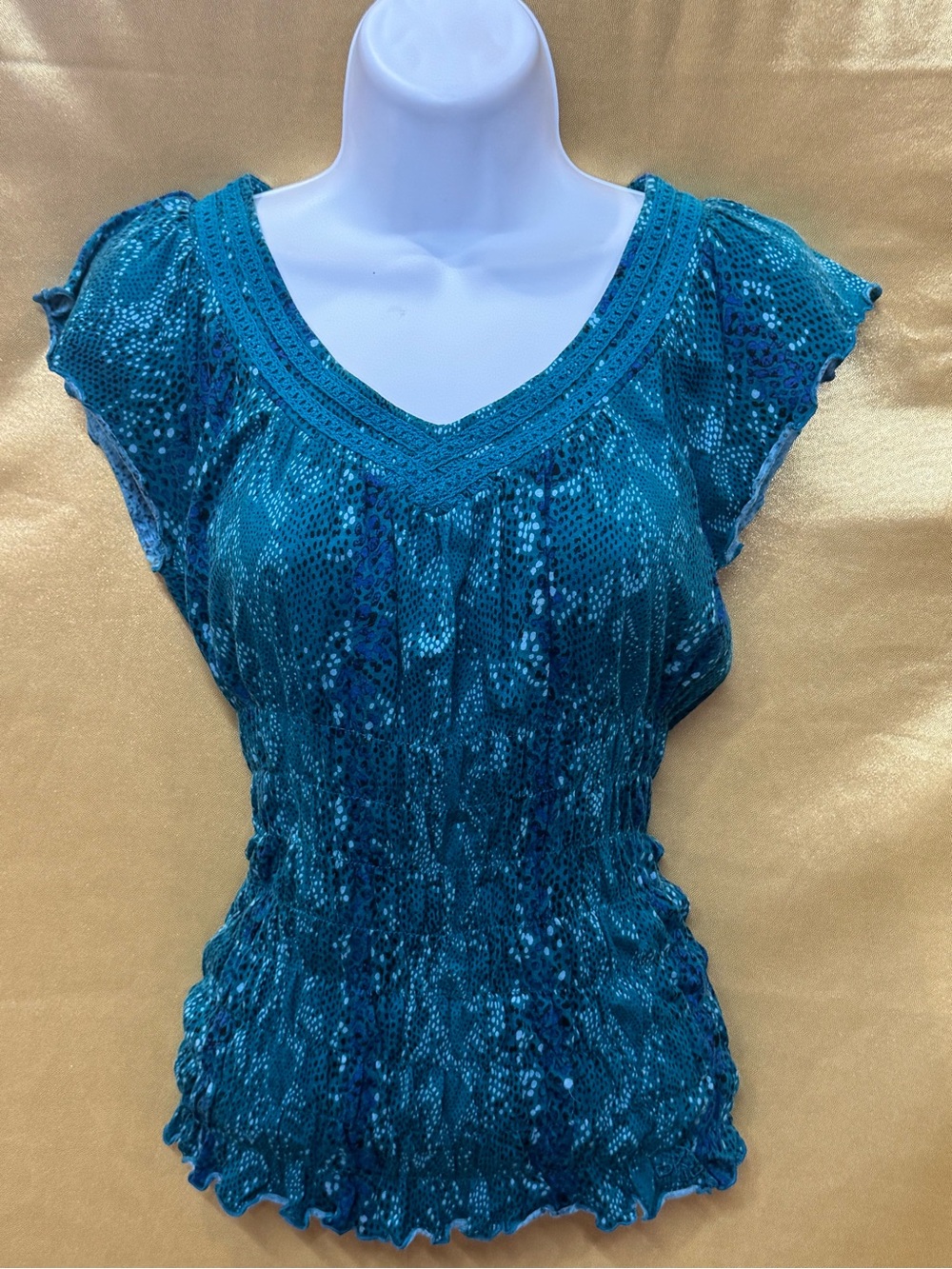 Vintage Y2K DKNY‎ Jeans Teal Smocked Sequin V-Neck Blouse - Size XS